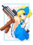  alice_margatroid alice_margatroid_(pc-98) bangs blonde_hair blue_bow blue_eyes blue_neckwear blue_skirt blush boots bow bowtie brown_footwear bullpup buttons collared_shirt commentary_request eyebrows_visible_through_hair full_body gun hair_bow highres holding holding_gun holding_weapon inon looking_at_viewer rifle shirt short_hair short_sleeves skirt sniper_rifle solo suspender_skirt suspenders touhou touhou_(pc-98) walther walther_wa_2000 weapon white_shirt 