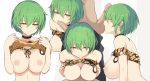  1girl alternate_hairstyle animal_print areolae bangs bikini_lift black_choker breast_squeeze breast_tattoo breasts cait censored cheek_bulge choker collarbone dark_skin dark_skinned_male expressionless eyebrows_visible_through_hair fellatio green_hair hair_between_eyes half-closed_eyes hetero hikage_(senran_kagura) interracial large_breasts leopard_print lifted_by_self light_smile looking_at_viewer looking_back midriff mosaic_censoring nipples open_mouth oral paizuri penis senran_kagura shirt_lift short_hair slit_pupils sucking_testicles tattoo torn_clothes white_background yellow_eyes 