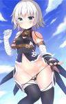  arm_belt bandaged_arm bandages bangs belt black_belt black_legwear black_panties breasts cloud cloudy_sky day eyebrows_visible_through_hair facial_scar fate/apocrypha fate/grand_order fate_(series) fingerless_gloves gloves green_eyes highres jack_the_ripper_(fate/apocrypha) jan_(janpx2012) lowleg lowleg_panties navel panties panty_pull scar scar_across_eye scar_on_cheek short_hair shoulder_tattoo single_glove sky small_breasts solo tattoo thighhighs underwear white_hair 