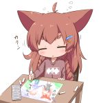  animal_ears braid brown_hair chibi child_drawing closed_eyes commentary_request crayon facing_viewer hair_ornament hairclip highres lonely makuran momiji_(makuran) original simple_background sleepy solo table thick_eyebrows twin_braids white_background x_hair_ornament 