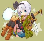  alternate_costume backpack bag bangs between_legs black_bow black_legwear blue_eyes blue_shorts blush boots bow bowtie brown_footwear commentary_request dog_tags eyebrows_visible_through_hair full_body hair_bow hand_between_legs headset highres hood hoodie inon knee_pads konpaku_youmu konpaku_youmu_(ghost) long_sleeves looking_at_viewer pouch red_bow red_cross short_hair shorts silver_hair sitting solo star sword sword_behind_back thighhighs touhou weapon 