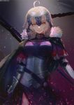  ahoge armor bangs black_legwear blonde_hair blush breasts cape chain cleavage commentary_request eyebrows_visible_through_hair fate/grand_order fate_(series) framed_breasts fur_trim hanato_(seonoaiko) headpiece highres holding holding_pole holding_sword holding_weapon jeanne_d'arc_(alter)_(fate) jeanne_d'arc_(fate)_(all) large_breasts light_particles looking_at_viewer medium_breasts open_mouth revision short_hair silver_hair smile solo sword thighhighs twitter_username weapon yellow_eyes 