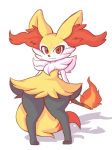  1girl :3 animal_ears braixen fire furry looking_at_viewer pixelpet pokemon pokemon_(creature) red_eyes simple_background smile solo standing tail thick_thighs white_background 