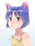  animal_ears artist_name bare_shoulders blue_hair blush bouquet_(doubutsu_no_mori) bow cat_ears doubutsu_no_mori personification purple_eyes solo teeth tsutsuji_(hello_x_2) 