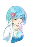  blue_dress blue_hair breasts china_dress chinese_clothes closed_mouth copyright_request dress flower hair_flower hair_ornament jacket large_breasts looking_at_viewer open_clothes open_jacket red_flower saburou_(hgmg) short_hair simple_background solo upper_body white_background yellow_eyes 