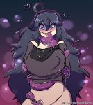  1girl @_@ ahoge al_bhed_eyes black_hair blush breasts dress_lift eyebrows_visible_through_hair geeflakes hairband heart hex_maniac_(pokemon) huge_breasts long_hair messy_hair navel pokemon pokemon_xy purple_eyes smile solo tentacle tentacle_sex tongue_out very_long_hair 