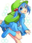  backpack bag bangs blue_eyes blue_footwear blue_hair blue_skirt boots eyebrows_visible_through_hair from_side green_hat hair_bobbles hair_ornament hat highres inon juliet_sleeves kawashiro_nitori long_sleeves looking_at_viewer open_mouth pouch puffy_sleeves rubber_boots skirt skirt_set solo touhou twintails 