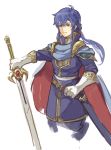  blue_eyes blue_hair cape celice_(fire_emblem) fire_emblem fire_emblem:_seisen_no_keifu fire_emblem:_thracia_776 garmmy gloves headband holding holding_sword holding_weapon long_hair male_focus ponytail simple_background smile solo sword traditional_media tyrfing_(fire_emblem) watercolor_(medium) weapon white_background 