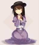  black_hat bow bowtie brown_hair commentary_request cosplay diamond_(shape) dress eyebrows_visible_through_hair fedora hair_between_eyes hair_bow hands_up hat hat_bow juliet_sleeves long_dress long_sleeves looking_at_viewer maribel_hearn maribel_hearn_(cosplay) petticoat puffy_sleeves purple_dress red_bow red_neckwear rin_falcon seiza shadow simple_background sitting solo tan_background touhou usami_renko white_bow white_sash wide_sleeves wing_collar yellow_eyes 
