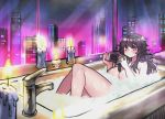  ahoge bad_id bad_twitter_id bath bathing bathtub blush breasts bubble_bath candle closed_mouth commentary english_commentary faucet handheld_game_console hands_up holding huge_breasts long_hair looking_at_viewer messy_hair night nude nyarla_(osiimi) original osiimi playing_games playstation_portable purple_eyes purple_hair solo 