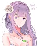  absurdres bangs bare_shoulders braid dated elf emilia_(re:zero) flower hair_flower hair_ornament hair_ribbon highres jewelry jijinjiji long_hair looking_at_viewer necklace pointy_ears purple_eyes purple_hair purple_ribbon re:zero_kara_hajimeru_isekai_seikatsu ribbon solo upper_body 