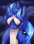  2019 anthro anthrofied arinadler big_breasts blue_eyebrows blue_eyes blue_feathers blue_fur blue_hair blue_horn blue_tail blue_theme blue_wings breasts clothed clothing cloud cloudscape cool_colors cutie_mark digital_media_(artwork) equine eyebrows eyelashes feathered_wings feathers female friendship_is_magic front_view fur hair hi_res horn huge_breasts long_hair long_tail looking_at_viewer mammal my_little_pony navel night outside portrait princess_luna_(mlp) sheer_clothing signature sky smile solo standing star starry_sky thick_thighs three-quarter_portrait translucent transparent_clothing unicorn_horn white_bottomwear white_clothing white_topwear wide_hips winged_unicorn wings 