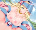  1girl :d aqua_eyes bar_censor bare_shoulders blonde_hair breast_squeeze breasts censored cleavage collarbone cum cum_on_body cum_on_breasts cum_on_upper_body dark_magician_girl duel_monster dutch_angle facial hat hetero highres huge_breasts karucho long_hair looking_at_viewer nipples one_eye_closed open_mouth paizuri penis pentagram pointless_censoring smile wizard_hat yuu-gi-ou 