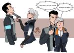  1boy 1girl ahoge aiming android artist_name birthmark black_hair breasts brown_eyes collared_shirt connor_(rk800) detroit_become_human english handgun high_collar holding_gun holding_weapon jacket kara_(ax400) led long_sleeves looking_at_each_other medium_breasts necktie pistol short_hair suit text_focus weapon white_hair 