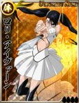  1girl angry arrancar black_hair bleach breasts card_(medium) dress female loly_aivirrne long_hair skirt small_breasts twintails weapon 