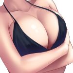  absurdres arms_under_breasts bare_arms bare_shoulders bikini_top black_bikini_top breast_hold breasts cleavage close-up collarbone covered_nipples crossed_arms fantia_reward halter_top halterneck head_out_of_frame highres huyumitsu large_breasts original paid_reward shiny shiny_skin simple_background solo strap_gap upper_body white_background 