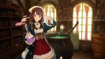  ahoge atelier_(series) atelier_sophie blush bottle brown_eyes brown_hair cauldron collared_coat corset cross-laced_clothes curtains frilled_skirt frills game_cg head_scarf holding holding_flask jewelry long_coat long_sleeves looking_at_viewer necklace noco_(adamas) official_art red_skirt round-bottom_flask short_hair skirt smile smoke solo sophie_neuenmuller underbust wide_sleeves window 