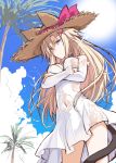  animal_ears bare_shoulders black_choker blonde_hair blue_eyes blue_sky bow breasts cat_ears cat_tail choker contrapposto covered_navel cowboy_shot crossed_arms day detached_sleeves dress ears_through_headwear halterneck hat hat_bow highres large_breasts long_hair long_sleeves looking_at_viewer oota_yuuichi original outdoors palm_tree pink_bow see-through sketch sky slit_pupils solo standing straw_hat sundress tail tree white_dress 