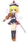  bangs black_legwear blonde_hair blush brown_footwear closed_mouth crescent eighth_note eyebrows_visible_through_hair full_body hat highres holding holding_instrument inon instrument kneehighs left-handed long_sleeves looking_at_viewer lunasa_prismriver mary_janes music musical_note pleated_skirt shoes short_hair side_slit skirt skirt_set smile solo standing touhou violin yellow_eyes 