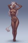  :p animal_ears anolea barefoot breasts commission contrapposto dark_skin gradient gradient_background grey_background head_tilt high_orc_(monster_girl_encyclopedia) highres large_breasts long_hair monster_girl_encyclopedia navel nipples nude pussy signature solo standing tail toned tongue tongue_out white_hair 