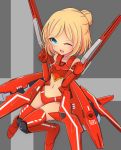  bangs blonde_hair blue_eyes commentary_request dual_wielding eyebrows_visible_through_hair full_body hair_bun highres holding holding_weapon inon knees_together_feet_apart megami_device navel one_eye_closed open_mouth short_hair solo weapon 