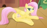  bedroom_eyes biting_lip blue_eyes blush book dresser equine eyelashes feathered_wings feathers female feral fluttershy_(mlp) friendship_is_magic hair half-closed_eyes hooves horse lying mammal my_little_pony on_ground open_mouth pegasus pink_hair pony presenting_rear pussy rainbownspeedash seductive smile table tongue wings 