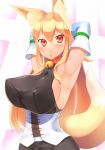  animal_ears armpits arms_behind_head arms_up bell blonde_hair blush breasts commentary_request corset covered_nipples detached_sleeves fox_ears fox_tail highres jingle_bell large_breasts long_hair original perky_breasts red_eyes shinoshinosp sideboob solo tail underbust upper_body 