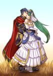  1girl armor bare_shoulders blue_eyes blue_hair bouquet bridal_veil bride cape couple dress fire_emblem fire_emblem:_rekka_no_ken fire_emblem_heroes flower gloves green_eyes green_hair groom gzei hector_(fire_emblem) hetero long_hair lyndis_(fire_emblem) ponytail short_hair smile veil wedding wedding_dress white_flower 