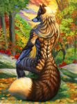  2018 anthro bare_back black_nose blonde_hair canine day detailed_background fox hair hibbary mammal marble_fox nude outside sitting smile solo tree 