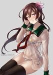  alternate_costume bikini black_legwear blush breasts brown_hair commentary_request crescent eyebrows_visible_through_hair grey_background hair_between_eyes hair_ornament juurouta kantai_collection kisaragi_(kantai_collection) long_hair looking_at_viewer neckerchief no_pants one_eye_closed purple_eyes sailor_collar see-through side-tie_bikini simple_background small_breasts smile solo swimsuit swimsuit_under_clothes thighhighs twitter_username 