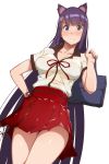  animal_ear_fluff animal_ears bag bangs blue_eyes blunt_bangs blush breasts cleavage closed_mouth commentary_request cosplay dutch_angle eyebrows_visible_through_hair fate/extra fate/extra_ccc fate/extra_ccc_fox_tail fate/grand_order fate_(series) fox_ears hand_on_hip high-waist_skirt highres hips large_breasts long_hair looking_at_viewer purple_hair red_skirt saint_martha school_bag shirt simple_background skirt solo suzuka_gozen_(fate) suzuka_gozen_(fate)_(cosplay) thighs tokiwa_midori_(kyokutou_funamushi) very_long_hair white_background white_shirt 