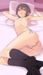  areola_slip areolae armpits ass bangs bare_shoulders bikini black_legwear blush commentary_request eyebrows_visible_through_hair feet flat_chest grey_eyes grey_hair hair_between_eyes haruichi highres hips idolmaster idolmaster_cinderella_girls legs looking_at_viewer lying micro_bikini navel on_bed otokura_yuuki partially_visible_vulva pillow short_hair smile socks solo swimsuit thighs white_bikini 