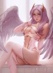  angel_wings bare_arms bare_shoulders breasts choker closed_mouth commentary daria_leonova elbow_gloves gloves highres hips long_hair looking_at_viewer medium_breasts navel original pink_legwear purple_hair solo thighhighs wings yellow_eyes 