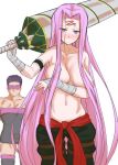  1girl bandages blush breasts caladbolg collarbone cosplay costume_switch covering covering_breasts dress facial_mark fate/grand_order fate_(series) fergus_mac_roich_(fate/grand_order) fergus_mac_roich_(fate/grand_order)_(cosplay) forehead_mark hair_censor hair_over_breasts kikunosukemaru large_breasts navel over_shoulder pants purple_eyes purple_hair rider rider_(cosplay) sweatdrop sword thighhighs topless weapon weapon_over_shoulder zettai_ryouiki 