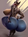  2018 anthro big_breasts big_butt blue_eyes breasts butt canine clothed clothing crouching doberman dog female hi_res huge_breasts huge_butt mammal open_mouth pants solo sweat thick_thighs tongue tongue_out topless vhsdaii yoga_pants 