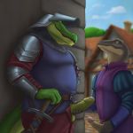  alligator anthro armor balls chainmail clothed clothing crocodilian duo erection helmet male male/male medieval melee_weapon noodlewd outside penis penis_grab reptile scalie size_difference standing stocky sword uncut weapon 