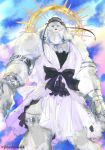  blue_eyes bow commentary_request cosplay crossdressing dress euryale euryale_(cosplay) fate/grand_order fate_(series) furry halo headband jewelry jinask lion mane thomas_edison_(fate/grand_order) twitter_username white_hair 