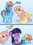  2018 absurd_res book comic cutie_mark english_text equine feathered_wings feathers female feral fluttershy_(mlp) friendship_is_magic grey_background group hair hi_res horn mammal multicolored_hair my_little_pony pegasus rainbow_dash_(mlp) simple_background text wings witchtaunter 
