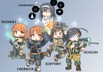 :3 absurdres ahoge akiyama_yukari antyobi0720 bangs battlefield_(series) battlefield_4 belt black_gloves black_hair black_jacket blouse blunt_bangs boots brown_footwear brown_gloves camouflage chibi closed_mouth commentary_request elbow_pads english eyebrows_visible_through_hair fang frown girls_und_panzer gloves glowing glowing_eye gradient gradient_background green_skirt grey_background gun hand_on_own_chin highres holding isuzu_hana jacket jumping knee_pads long_hair long_sleeves looking_at_another looking_at_viewer multiple_girls nishizumi_miho one_eye_closed ooarai_school_uniform open_mouth orange_hair pleated_skirt plus_sign pouch reizei_mako rifle school_uniform scope serafuku short_hair skirt sleeves_rolled_up smile sniper_rifle standing standing_on_one_leg sweatdrop tactical_clothes takebe_saori thinking tools utility_belt vest weapon white_blouse white_hair wrench yellow_eyes 