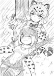  ^_^ animal_ears armpits arms_up bangs bow bowtie closed_eyes closed_mouth covered_navel elbow_gloves eyebrows_visible_through_hair fingerless_gloves fur_collar gloves greyscale half-closed_eyes hand_on_another's_head happy jaguar_(kemono_friends) jaguar_ears jaguar_print jaguar_tail kemono_friends lap_pillow looking_at_another lying monochrome multiple_girls on_back otter_ears otter_tail outdoors outstretched_arms outstretched_hand sannomiya_mirai short_hair sketch skirt small-clawed_otter_(kemono_friends) smile swimsuit tail thighhighs 