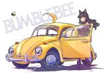  black_hair black_scarf blake_belladonna bow bumblebee bumblebee_(film) bumblebee_(rwby) car commentary english_commentary ground_vehicle hair_bow highres iesupa long_hair motor_vehicle objectification rwby scarf transformers volkswagen_beetle yang_xiao_long yellow_eyes 