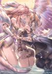  angel_wings bare_shoulders blonde_hair blush breasts cleavage closed_eyes commentary_request europa_(granblue_fantasy) flower gabriel_(granblue_fantasy) granblue_fantasy hair_flower hair_ornament hand_on_another's_head highres holding_hands imminent_kiss large_breasts light long_hair milli_little multiple_girls no_panties open_mouth pink_hair short_hair small_breasts sparkle twitter_username wading wet wings yuri 