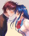  1girl aoki_(fumomo) blue_hair blush bow breasts brown_hair chidori_kaname face-to-face forehead-to-forehead full_metal_panic! grey_background grey_eyes hair_between_eyes long_hair medium_breasts profile red_eyes sagara_sousuke school_uniform serafuku shirt short_hair simple_background smile spiked_hair turtleneck two-tone_background upper_body white_background 