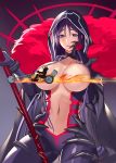  bangs blush bodysuit breasts breasts_outside censored center_opening claws cloak commentary_request cosplay cu_chulainn_alter_(fate/grand_order) cu_chulainn_alter_(fate/grand_order)_(cosplay) fate/grand_order fate_(series) fire gae_bolg gloves gradient gradient_background ground_vehicle hand_on_own_cheek hips hood hooded_cloak huge_breasts lancer long_hair minamoto_no_raikou_(fate/grand_order) motor_vehicle motorcycle murakami_yuichi navel nipple_censor novelty_censor open_mouth parted_bangs purple_background purple_bodysuit purple_eyes purple_hair sakata_kintoki_(fate/grand_order) sakata_kintoki_rider_(fate/grand_order) solo tears very_long_hair 