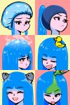  :d :t akairiot angry bangs blue_hair blush_stickers boiling bottle bubble closed_eyes condensation_trail expressions eyebrows_visible_through_hair fish highres kelda_(akairiot) liquid_hair looking_to_the_side one_eye_closed open_mouth original rubber_duck sad shower_cap smile swim_cap tongue tongue_out 
