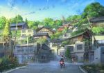  brown_hair day ground_vehicle highres house landscape looking_away moped motor_vehicle niko_p onomichi_(city) original outdoors power_lines railroad_crossing railroad_tracks scenery short_hair sky solo tree window 