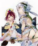  2girls absurdres ass atelier_(series) atelier_sophie bare_shoulders blush brown_eyes brown_hair green_eyes hair_ornament hat highres huge_filesize jewelry long_hair looking_at_viewer multiple_girls necklace noco_(adamas) official_art open_mouth plachta short_hair silver_hair skirt smile sophie_neuenmuller thighhighs yuugen 