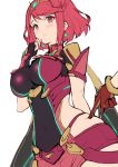  1girl bangs blush breasts covered_navel earrings eyebrows_visible_through_hair fingerless_gloves gloves haoni hips homura_(xenoblade_2) jewelry large_breasts looking_at_viewer parted_lips poking red_eyes red_hair rex_(xenoblade_2) short_hair short_shorts shorts simple_background skindentation sweatdrop swept_bangs tiara vambraces white_background xenoblade_(series) xenoblade_2 