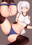  ass bare_shoulders black_legwear blue_eyes bluefield blush breasts buruma cameltoe covered_nipples eyebrows_visible_through_hair grey_background highres long_hair looking_at_viewer midriff navel open_mouth panties rwby side_ponytail simple_background solo spread_legs sweat thighhighs underwear weiss_schnee white_hair white_panties 