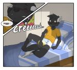  anthro bedroom black_fur canine caught clothing cub diaper fur male mammal peeing shirt solo t-shirt tighty_whities tuta urine wet_diaper wolf young 